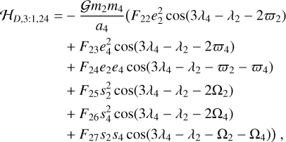 Mathematical equation: $\matrix{{{{\cal H}_{D,3:1,24}} = - {{{\cal G}{m_2}{m_4}} \over {{a_4}}}\left( {{F_{22}}e_2^2\cos \left( {3{\lambda _4} - {\lambda _2} - 2{\varpi _2}} \right)} \right.} \cr { + {F_{23}}e_4^2\cos \left( {3{\lambda _4} - {\lambda _2} - 2{\varpi _4}} \right)} \cr { + {F_{24}}{e_2}{e_4}\cos \left( {3{\lambda _4} - {\lambda _2} - {\varpi _2} - {\varpi _4}} \right)} \cr { + {F_{25}}s_2^2\cos \left( {3{\lambda _4} - {\lambda _2} - 2{{\rm{\Omega }}_2}} \right)} \cr { + {F_{26}}s_4^2\cos \left( {3{\lambda _4} - {\lambda _2} - 2{{\rm{\Omega }}_4}} \right)} \cr {\left. { + {F_{27}}{s_2}{s_4}\cos \left( {3{\lambda _4} - {\lambda _2} - {{\rm{\Omega }}_2} - {{\rm{\Omega }}_4}} \right)} \right),} \cr } $
