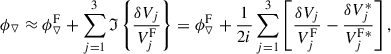 Mathematical equation: $$ \begin{aligned} \phi _{\triangledown } \approx \phi _{\triangledown }^\mathrm{F} + \sum _{j = 1}^{3} \mathfrak{I} \left\{ \frac{\delta V_{j}}{V_{j}^\mathrm{F}}\right\} = \phi _{\triangledown }^\mathrm{F} + \frac{1}{2i}\sum _{j = 1}^{3} \left[\frac{\delta V_{j}}{V_{j}^\mathrm{F}} - \frac{\delta V_{j}^*}{V_{j}^{\mathrm{F} *}}\right], \end{aligned} $$