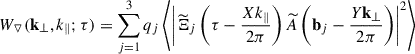 Mathematical equation: $$ \begin{aligned} W_{\triangledown }(\mathbf k_\perp , k_\parallel ; \tau ) = \sum _{j = 1}^{3} q_j \left < \left|\widetilde{\Xi }_j\left(\tau - \frac{X k_\parallel }{2\pi }\right)\widetilde{A}\left(\mathbf{b }_{j} - \frac{Y \mathbf k _\perp }{2\pi }\right)\right|^2\right> \end{aligned} $$