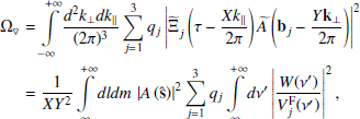 Mathematical equation: $$ \begin{aligned} \nonumber \Omega _{\triangledown }&= {\int \limits _{-\infty }^{+\infty }} \frac{d^2k_\perp dk_\parallel }{(2\pi )^3} \sum _{j = 1}^{3} q_j \left|\widetilde{\Xi }_j^\left(\tau - \frac{X k_\parallel }{2\pi }\right)\widetilde{A}\left(\mathbf{b }_{j} - \frac{Y\mathbf k _\perp }{2\pi }\right)\right|^2 \\ \nonumber&= \frac{1}{XY^2} {\int \limits _{-\infty }^{+\infty }} dldm \,\left|A\left(\mathbf {\hat{s}} \right)\right|^2 \sum _{j = 1}^{3} q_j {\int \limits _{-\infty }^{+\infty }} d\nu ^{\prime } \left|\frac{W(\nu ^{\prime })}{V_j^\mathrm{F}(\nu ^{\prime })}\right|^2, \end{aligned} $$