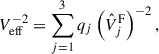 Mathematical equation: $$ \begin{aligned} V_{\rm eff}^{-2}&= \sum _{j = 1}^{3} q_j \left(\hat{V}_j^\mathrm{F}\right)^{-2}, \end{aligned} $$