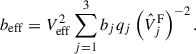 Mathematical equation: $$ \begin{aligned} b_{\rm eff} = V_{\rm eff}^{2}\sum _{j = 1}^{3} b_j q_j \left(\hat{V}_j^\mathrm{F}\right)^{-2}. \end{aligned} $$