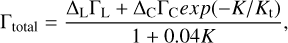 Mathematical equation: $\Gamma_{\text {total }}=\frac{\Delta_{\mathrm{L}} \Gamma_{\mathrm{L}}+\Delta_{\mathrm{C}} \Gamma_{\mathrm{C}}\ exp\ \left(-K / K_{\mathrm{t}}\right)}{1+0.04 K},$