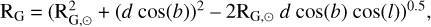 Mathematical equation: ${{\rm{R}}_{\rm{G}}} = {\left( {{\rm{R}}_{{\rm{G}}, \odot }^2 + {{(d\cos (b))}^2} - 2{{\rm{R}}_{{\rm{G}}, \odot }}d\cos (b)\cos (l)} \right)^{0.5}},$