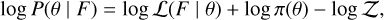 Mathematical equation: \log P(\theta \mid F) = \log \mathcal{L}(F \mid \theta) + \log \pi(\theta) - \log \mathcal{Z},