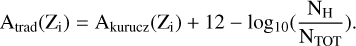 Mathematical equation: $\[\mathrm{A}_{\text {trad}}(\mathrm{Z}_{\mathrm{i}})=\mathrm{A}_{\text {kurucz}}(\mathrm{Z}_{\mathrm{i}})+12-\log _{10}(\frac{\mathrm{N}_{\mathrm{H}}}{\mathrm{N}_{\text {TOT}}}).\]$