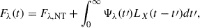 Mathematical equation: $$ \begin{aligned} F_{\lambda }(t) = F_{\lambda , \mathrm{NT}} + \int _{0}^{\infty } \Psi _{\lambda }(t\prime )L_{X}(t-t\prime )dt\prime , \end{aligned} $$