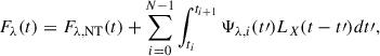 Mathematical equation: $$ \begin{aligned} F_{\lambda }(t) = F_{\lambda , \mathrm{NT}}(t) + \sum _{i = 0}^{N-1} \int _{t_i}^{t_{i+1}} \Psi _{\lambda , i}(t\prime )L_{X}(t-t\prime )dt\prime , \end{aligned} $$