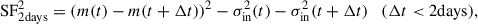 Mathematical equation: $$ \begin{aligned} \mathrm{{SF}}^2_{\rm {2days}} = (m(t) - m(t+\Delta t))^2 - \sigma _{\rm {in}}^2(t) - \sigma _{\rm {in}}^2(t+\Delta t) \quad (\Delta t < \mathrm{{2 days}} ), \end{aligned} $$