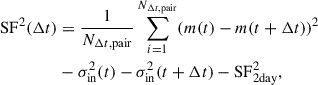 Mathematical equation: $$ \begin{aligned} \mathrm{{SF}}^2(\Delta t)&= \frac{1}{N_{\Delta t, \mathrm{{pair}}}} \sum _{i=1}^{N_{\Delta t, \mathrm{{pair}}}} (m(t) - m(t+\Delta t))^2 \nonumber \\&- \sigma _{\rm {in}}^2(t) - \sigma _{\rm {in}}^2(t+\Delta t) - \mathrm{{SF}}^2_{\rm {2day}}, \end{aligned} $$
