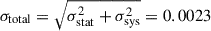 Mathematical equation: $ \sigma_{\mathrm{total}} = \sqrt{\sigma_{\mathrm{stat}}^{2} + \sigma_{\mathrm{sys}}^{2}} = 0.0023 $