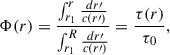 Mathematical equation: $$ \begin{aligned} \Phi (r) = \frac{\int ^r_{r_1} \frac{dr\prime }{c(r\prime )}}{\int ^R_{r_1} \frac{dr\prime }{c(r\prime )}}=\frac{\tau (r)}{\tau _0}, \end{aligned} $$