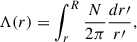Mathematical equation: $$ \begin{aligned} \Lambda (r) = \int _{r}^{R} \frac{N}{2\pi }\frac{dr\prime }{r\prime }, \end{aligned} $$