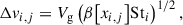 Mathematical equation: $$ \begin{aligned} \Delta v_{{i,j}} = V_\mathrm{g} \left(\beta {\left[x_{i,j}\right]} \mathrm{St} _i\right)^{1/2}, \end{aligned} $$