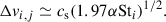 Mathematical equation: $$ \begin{aligned} \Delta v_{{i,j}} \simeq c_\mathrm{s} (1.97\alpha \mathrm{St} _i)^{1/2}. \end{aligned} $$