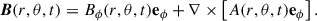 Mathematical equation: $$ \begin{aligned} {\boldsymbol{B}}(r,\theta ,t)=B_\phi (r,\theta ,t) \mathbf{e }_\phi + \nabla \times \left[A(r,\theta ,t)\mathbf{e }_{\phi }\right]. \end{aligned} $$