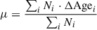 Mathematical equation: $$ \begin{aligned} \mu&= \frac{\sum _i N_i\cdot \Delta \mathrm{Age} _i}{\sum _i N_i}\end{aligned} $$
