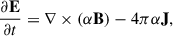 Mathematical equation: $$ \begin{aligned} \frac{\partial \mathbf E }{\partial t}&=\nabla \times \left(\alpha \mathbf B \right)-4\pi \alpha \mathbf J , \end{aligned} $$