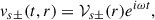 Mathematical equation: $$ \begin{aligned} v_{s\pm }(t,r) = \mathcal{V}_{s\pm }(r) e^{i\omega t} , \end{aligned} $$