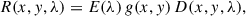 Mathematical equation: $$ \begin{aligned} R(x, y, \lambda ) = E(\lambda ) \, g(x, y) \, D(x, y, \lambda ) ,\end{aligned} $$