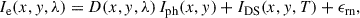 Mathematical equation: $$ \begin{aligned} I_{\mathrm{e} }(x, y, \lambda ) = D(x, y, \lambda ) \, I_{\mathrm{ph} }(x,y) + I_{\mathrm{DS} }(x, y, T) + \epsilon _{\mathrm{rn} } ,\end{aligned} $$