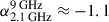 Mathematical equation: $ \alpha^{9\,\mathrm{GHz}}_{2.1\,\mathrm{GHz}} \approx {-}1.1 $