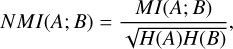 Mathematical equation: $\[N M I(A; B)=\frac{M I(A; B)}{\sqrt{H(A) H(B)}},\]$