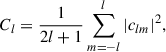 Mathematical equation: $$ \begin{aligned} C_l = \frac{1}{2l+1}\sum _{m=-l}^l |c_{lm}|^2, \end{aligned} $$