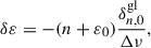 Mathematical equation: $$ \begin{aligned} \delta \varepsilon = - (n + \varepsilon _{0})\frac{\delta _{n,0}^{\mathrm{gl} }}{\Delta \nu }, \end{aligned} $$