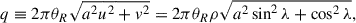 Mathematical equation: $$ \begin{aligned} q\equiv 2\pi \theta _{R}\sqrt{a^{2}u^{2}+v^{2}}=2\pi \theta _{R}\rho \sqrt{a^{2}\sin ^{2}{\lambda }+\cos ^{2}{\lambda }}, \end{aligned} $$