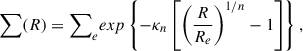 Mathematical equation: $$ \begin{aligned} \sum (R) = {\sum }_e exp \left\{ -\kappa _n \left[ \left( \frac{R}{R_e} \right)^{1/n} -1 \right] \right\} , \end{aligned} $$