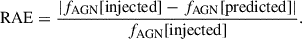 Mathematical equation: $$ \begin{aligned} \mathrm{RAE} = \frac{|f_{\rm AGN}[\mathrm{injected}] - f_{\rm AGN} [\mathrm{predicted}] |}{f_{\rm AGN} [\mathrm{injected}]}. \end{aligned} $$