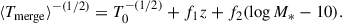 Mathematical equation: $$ \begin{aligned} \langle T_{\rm merge} \rangle ^{-(1/2)} = T_0^{-(1/2)}+ f_1 z + f_2 (\log M_* -10). \end{aligned} $$