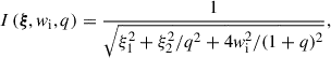 Mathematical equation: $$ \begin{aligned} I\left(\boldsymbol{\xi },w_{\rm i},q\right)&= \frac{1}{\sqrt{\xi _1^2 + \xi _2^2 / q^2 + 4w_{\rm i}^2/(1 + q)^2}},\end{aligned} $$