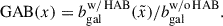Mathematical equation: $$ \begin{aligned} \mathrm{GAB} (x) = b_{\rm gal}^\mathrm{w/\,HAB}(\tilde{x})/b_{\rm gal}^\mathrm{w/o\,HAB}. \end{aligned} $$