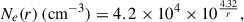 Mathematical equation: $$ \begin{aligned} N_e(r)\,(\mathrm{cm^{-3}}) = 4.2 \times 10^{4} \times 10^{\frac{4.32}{r}}, \end{aligned} $$
