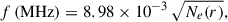 Mathematical equation: $$ \begin{aligned} f\,(\mathrm{MHz}) = 8.98 \times 10^{-3} \, \sqrt{N_e(r)}, \end{aligned} $$