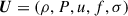 Mathematical equation: $$ \begin{aligned} \boldsymbol{U} = \left(\rho , P, u, f, \sigma \right) \end{aligned} $$