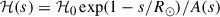Mathematical equation: $$ \begin{aligned} \mathcal{H} (s) = \mathcal{H} _0 \exp (1-s/R_\odot ) / A(s) \end{aligned} $$
