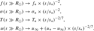 Mathematical equation: $$ \begin{aligned} f(s\gg R_\odot )&\rightarrow f_* \times (s/s_*)^{-2}, \nonumber \\ \sigma (s\gg R_\odot )&\rightarrow \sigma _* \times (s/s_*)^{-2}, \nonumber \\ T(s\gg R_\odot )&\rightarrow T_* \times (s/s_*)^{-2/7}, \nonumber \\ u(s\gg R_\odot )&\rightarrow u_\infty + (u_* - u_\infty ) \times (s/s_*)^{-2/7}. \end{aligned} $$