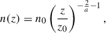 Mathematical equation: $$ \begin{aligned} n(z) = n_{0} \left( \frac{z}{z_{0}} \right)^{-\frac{2}{a}-1}, \end{aligned} $$
