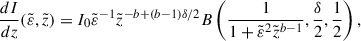Mathematical equation: $$ \begin{aligned} \frac{dI}{dz}(\tilde{\varepsilon }, \tilde{z}) = I_{0}\tilde{\varepsilon }^{-1}\tilde{z}^{-b+(b-1)\delta /2}B \left( \frac{1}{1+\tilde{\varepsilon }^{2}\tilde{z}^{b-1}}, \frac{\delta }{2}, \frac{1}{2} \right), \end{aligned} $$