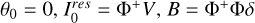 Mathematical equation: $\[\theta_{0}=0, I_{0}^{r e s}=\Phi^{+} V, B=\Phi^{+} \Phi \delta\]$