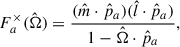 Mathematical equation: $$ \begin{aligned} F_{a}^{\times }(\hat{\Omega })&= \frac{(\hat{m}\cdot {\hat{p}}_{a})(\hat{l}\cdot {\hat{p}}_{a})}{1-\hat{\Omega }\cdot {\hat{p}}_{a}}, \end{aligned} $$