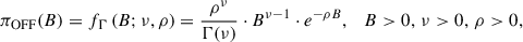 Mathematical equation: $$ \begin{aligned} \pi _{\rm OFF} (B) = f_\Gamma \left(B; \nu , \rho \right) = \frac{\rho ^\nu }{\Gamma (\nu )} \cdot B^{\nu -1} \cdot e^{-\rho B}, \quad B > 0, \, \nu > 0, \, \rho > 0, \end{aligned} $$