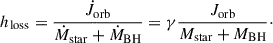 Mathematical equation: $$ \begin{aligned} h_{\rm loss} = \frac{\dot{J}_{\rm orb}}{\dot{M}_{\rm star}+\dot{M}_{\rm BH}} = \gamma \frac{J_{\rm orb}}{M_{\rm star}+M_{\rm BH}}\cdot \end{aligned} $$