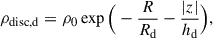 Mathematical equation: $$ \begin{aligned} \rho _{\rm disc,d}=\rho _{\rm 0} \exp \Big (-\frac{R}{R_{\rm d}}-\frac{|z|}{h_{\rm d}}\Big ), \end{aligned} $$
