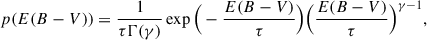 Mathematical equation: $$ \begin{aligned} p(E(B-V)) = \frac{1}{\tau \Gamma (\gamma )}\exp \Big (-\frac{E(B-V)}{\tau }\Big )\Big (\frac{E(B-V)}{\tau }\Big )^{\gamma -1}, \end{aligned} $$