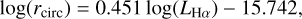 Mathematical equation: $\[\log \left(r_{\mathrm{circ}}\right)=0.451 ~\log \left(L_{\mathrm{H} \alpha}\right)-15.742,\]$