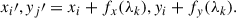 Mathematical equation: $$ \begin{aligned} x_i\prime , y_j\prime = x_i+f_x(\lambda _k), y_i+f_y(\lambda _k). \end{aligned} $$